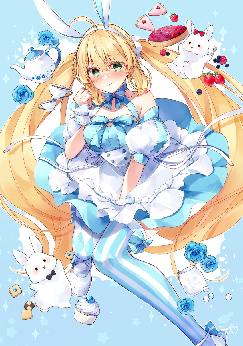 1girl absurdres ahoge animal_ears argyle_thighhighs artoria_caster_(fate) artoria_caster_(swimsuit)_(fate) artoria_caster_(swimsuit)_(second_ascension)_(fate) artoria_pendragon_(fate) asymmetrical_legwear bare_shoulders blonde_hair blue_dress blue_thighhighs blush breasts cookie cup cupcake detached_sleeves dress embarrassed fake_animal_ears fate/grand_order fate_(series) flower food fruit green_eyes hairband highres long_hair looking_at_viewer medium_breasts misaki346 mismatched_legwear pie puffy_detached_sleeves puffy_short_sleeves puffy_sleeves rabbit rabbit_ears red_eyes rose short_sleeves skirt smile solo strawberry striped striped_thighhighs teacup teapot thighhighs twintails vertical-striped_thighhighs vertical_stripes very_long_hair white_skirt