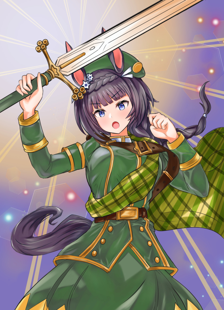 1girl animal_ears belt blue_eyes braid breasts brown_belt cape commentary_request cowboy_shot crown_braid ear_ornament green_cape green_headwear green_jacket green_skirt highres holding holding_sword holding_weapon horse_ears horse_girl horse_tail jacket large_breasts long_hair long_sleeves looking_at_viewer no_eyewear open_mouth plaid_cape ponytail skirt solo sparkle sword tail umamusume v-shaped_eyebrows vandy76 weapon zenno_rob_roy_(umamusume)