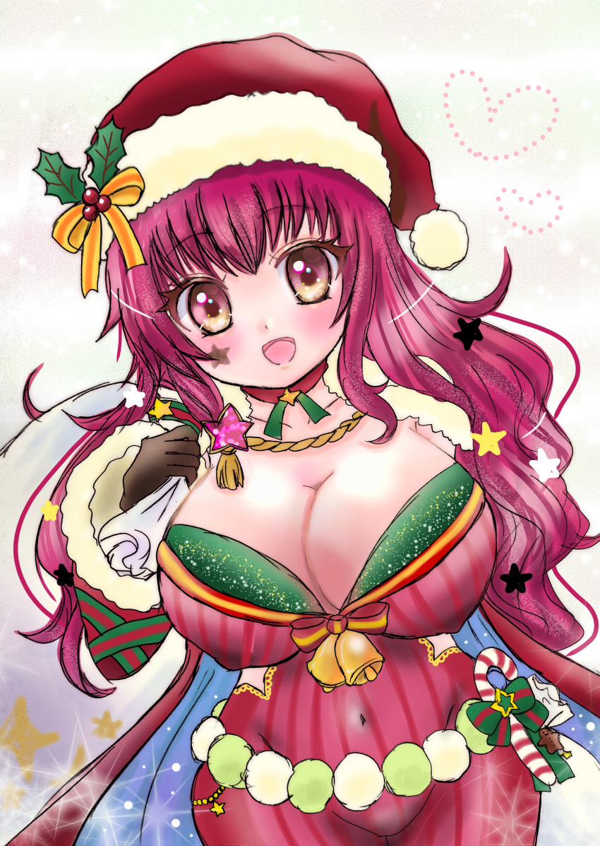 1girl :d absurdres blue_cape bodysuit breasts candy candy_cane cape christmas facial_mark fire_emblem fire_emblem_engage fire_emblem_heroes food hair_ornament hat highres holding holding_sack holly holly_hair_ornament large_breasts looking_at_viewer mad-ace multicolored_cape multicolored_clothes official_alternate_costume red_bodysuit red_cape sack santa_hat smile solo star_(symbol) star_facial_mark star_hair_ornament star_print two-tone_cape yunaka_(fire_emblem) yunaka_(fire_emblem)_(spirited_envoy)