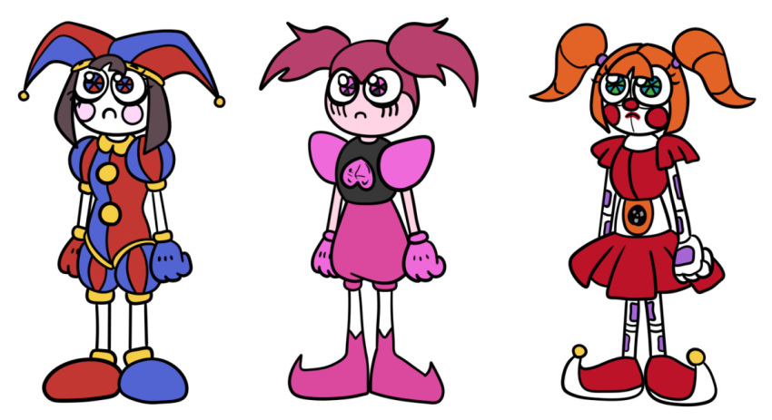 cartoon_network circus_baby_(fnaf) clothing female five_nights_at_freddy's gem_(species) gloves group handwear humanoid jester jester_outfit machine pink_outfit pomni_(the_amazing_digital_circus) red_outfit robot robot_humanoid sad sad_expression scottgames spinel_(steven_universe) standing steven_universe trio