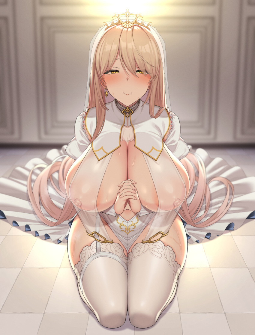 1girl blonde_hair blush breasts cleavage closed_mouth clothing_cutout covered_nipples diamond_earrings dress earrings garter_straps hair_between_eyes headpiece highres huge_breasts indoors jewelry kneeling large_areolae long_hair looking_at_viewer navel navel_cutout nijisanji nipples nui_sociere nui_sociere_(6th_costume) nun official_alternate_costume on_floor own_hands_together paid_reward_available see-through sitting smile solo sweat thighhighs very_long_hair veryhardloco virtual_youtuber white_dress white_thighhighs yellow_eyes