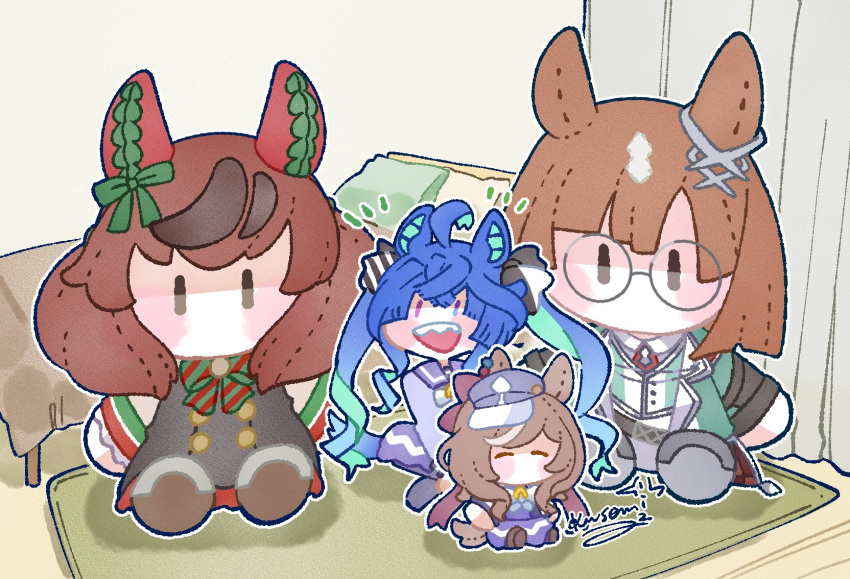 1girl ahoge animal_ears bed blue_hair bow character_doll chibi curtains doqute_stuffed_doll hair_bow highres horse_ears ikuno_dictus_(umamusume) indoors long_hair matikane_tannhauser_(umamusume) nice_nature_(umamusume) notice_lines open_mouth pillow purple_shirt purple_skirt rug school_uniform shirt signature sitting skirt smile solo teeth tkmt3690 tracen_school_uniform twin_turbo_(umamusume) twintails umamusume upper_teeth_only |_|