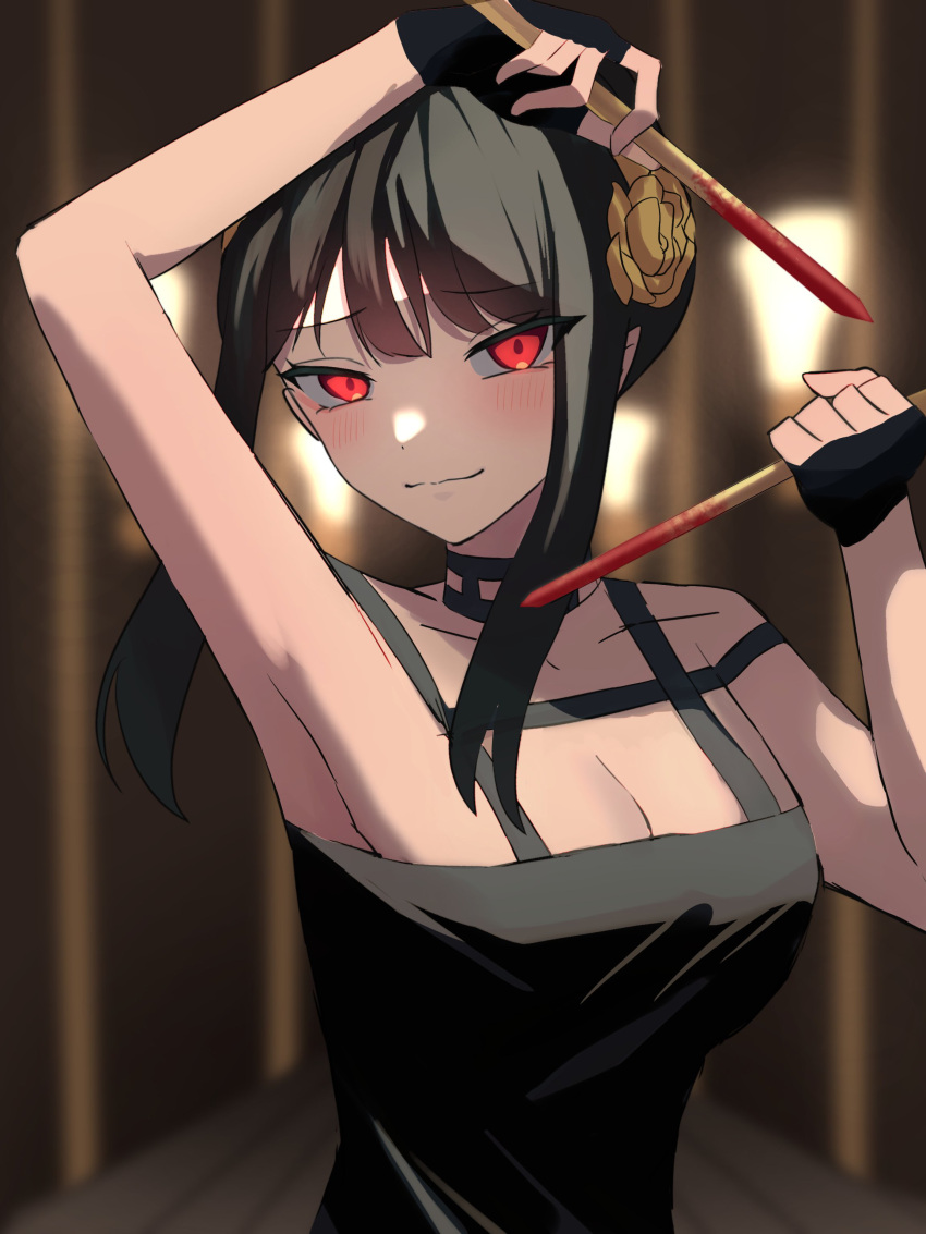 1girl absurdres bare_shoulders black_choker black_dress black_hair blurry blurry_background blush breasts choker cleavage closed_mouth collarbone commentary dagger dress highres holding holding_dagger holding_knife holding_weapon knife large_breasts looking_at_viewer red_eyes short_hair_with_long_locks sleeveless sleeveless_dress solo spy_x_family tsukuno_tsuki upper_body weapon yor_briar