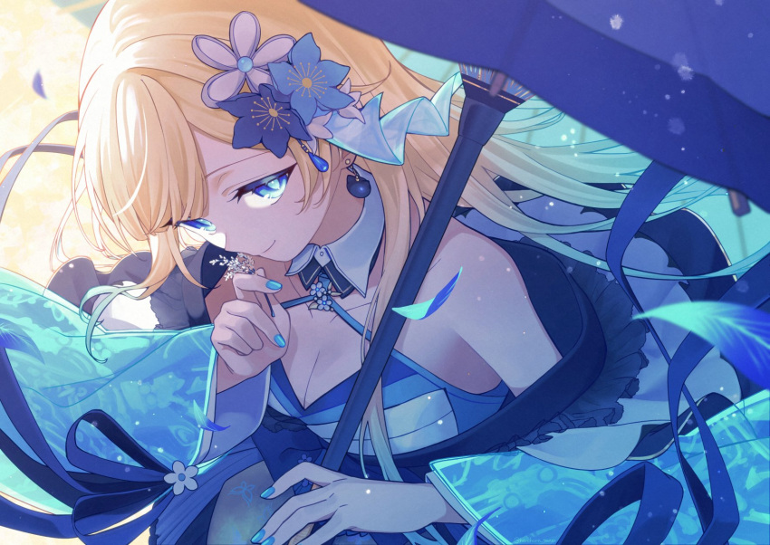 1girl aizawa_ema blonde_hair blue_eyes blue_hair blue_nails blue_umbrella breasts cat_earrings cleavage closed_mouth detached_collar fingernails flower gradient_hair hair_flaps hair_flower hair_ornament haremoto highres holding holding_umbrella japanese_clothes jewelry kimono long_hair looking_at_viewer looking_up medium_breasts multicolored_hair nail_polish official_alternate_costume smile solo swept_bangs umbrella virtual_youtuber vspo!