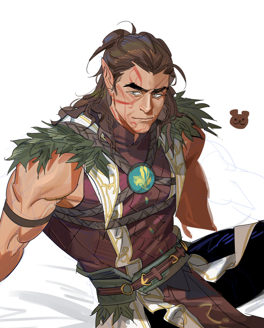 1boy absurdres baldur's_gate baldur's_gate_3 bara brown_eyes brown_hair dungeons_and_dragons elf facial_tattoo greensalad350 halsin highres leaf looking_to_the_side male_focus mature_male medium_hair muscular muscular_male pointy_ears scar scar_on_face simple_background tattoo thick_eyebrows vest white_background