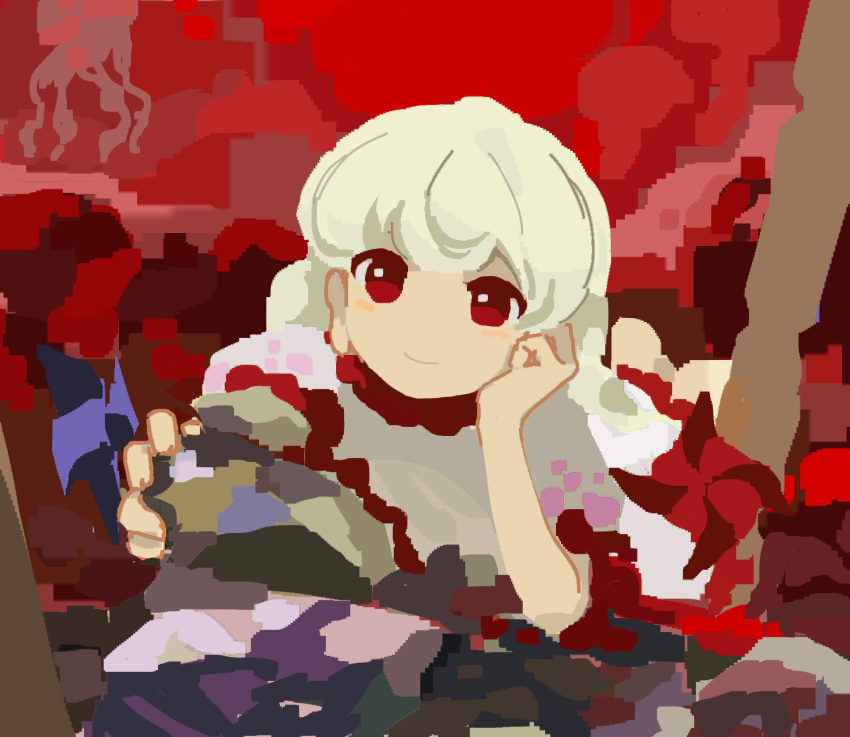 1girl blonde_hair closed_mouth commentary_request dress ebisu_eika head_on_hand highres kaigen_1025 long_earlobes long_hair looking_at_viewer lying no_nose on_stomach pinwheel puffy_short_sleeves puffy_sleeves red_eyes short_sleeves sketch solo touhou white_dress