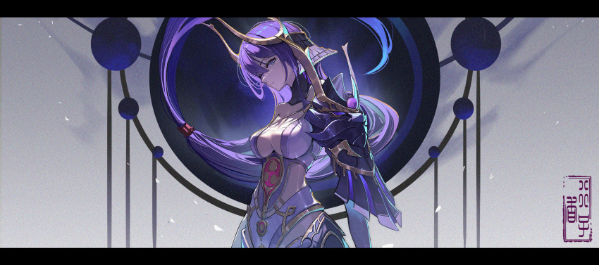 1girl absurdres armor black_border border breasts cleavage floating_hair from_side genshin_impact grey_background highres leotard letterboxed long_hair low-tied_long_hair medium_breasts purple_eyes purple_hair purple_leotard raiden_shogun shoulder_armor solo standing tyhaya very_long_hair