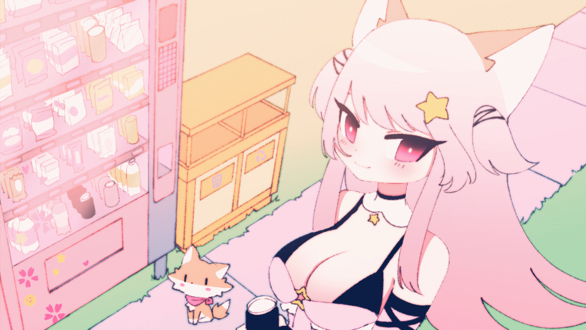 1girl animal animal_ears animated animated_gif annytf blush breasts cleavage fox fox_ears fox_girl hair_ornament highres indie_virtual_youtuber large_breasts long_hair looking_at_viewer lyn_mametchi outdoors pink_hair recycle_bin red_eyes smile solo star_(symbol) star_hair_ornament two_side_up upper_body vending_machine wind