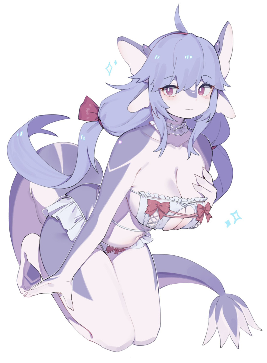 2023 anthro aruri big_breasts blush breasts claws cleavage clothed clothing digital_media_(artwork) dragon female female_anthro finger_claws hair hi_res kemono kneeling lingerie long_hair looking_at_viewer purple_body purple_hair recorder_(artist) simple_background solo tail white_background white_body