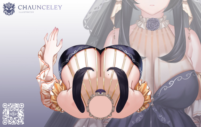 1girl absurdres artist_name bare_shoulders black_dress breasts chaunceley choker cleavage dress flower flower_choker frilled_sleeves frills from_above head_out_of_frame highres indie_virtual_youtuber kat_(vtuber) large_breasts mole mole_on_breast off-shoulder_dress off_shoulder purple_flower purple_rose qr_code rose see-through see-through_cleavage sidelocks solo upper_body virtual_youtuber white_choker