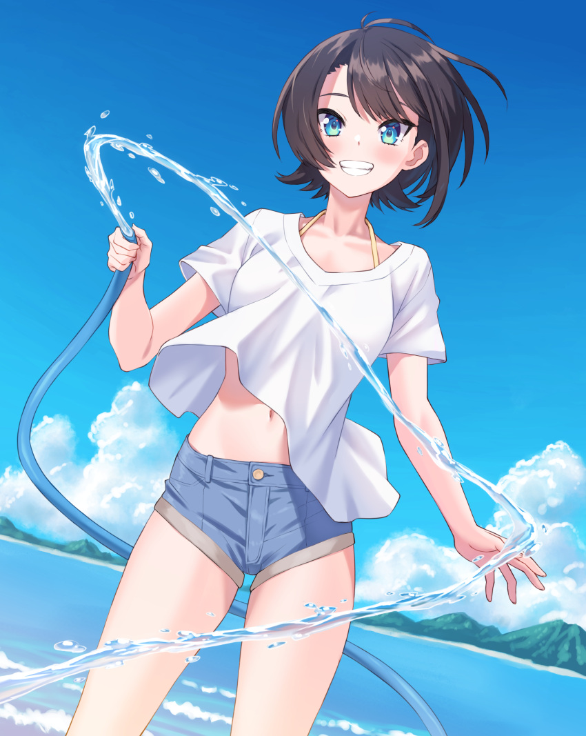 1girl absurdres bikini bikini_under_clothes blue_eyes blue_shorts blue_sky blush breasts brown_hair cloud highres holding holding_hose hololive hose kaimuu_(fahrenheit724) looking_at_viewer medium_breasts navel oozora_subaru oozora_subaru_(hololive_summer_2019) shirt short_hair short_shorts shorts sky smile solo swimsuit virtual_youtuber wading water white_shirt