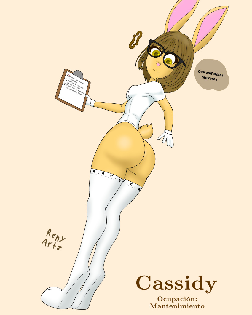 absurd_res anthro big_butt brown_body butt clipboard clothed clothed_sex clothing confusion eyewear fan_character female footwear glasses hi_res holding_object lagomorph leporid looking_at_self looking_back looking_down mammal nipples rabbit renyartz sex shirt simple_background socks solo standing tail tiptoes topwear white_clothing yellow_body yellow_eyes