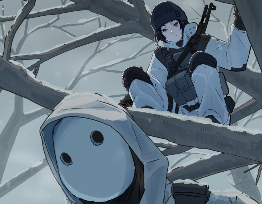 1girl 1other arknights beanie black_gloves black_hair black_headwear black_vest blue_eyes clich51368861 commentary english_commentary frost_(rainbow_six_siege) frown full_body gloves grey_sky gun hat hood hood_up hoodie in_tree jacket knee_pads looking_at_another looking_down mask pants pouch rainbow_six_siege reunion_soldier_(arknights) rifle short_hair sky snow squatting tree upper_body vest weapon weapon_on_back white_hoodie white_jacket white_pants