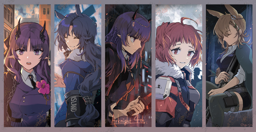 5girls ahoge animal_ears arknights beagle_(arknights) beagle_(dreadnaught)_(arknights) black_choker blonde_hair blue_eyes blue_hair blue_sky blush braid choker closed_eyes closed_mouth cloud coat earrings fang fang_(arknights) fang_(cruciata)_(arknights) glasses gloves hibiscus_(arknights) hibiscus_the_purifier_(arknights) highres horns indoors jewelry kroos_(arknights) kroos_the_keen_glint_(arknights) lava_(arknights) lava_the_purgatory_(arknights) light_particles long_hair looking_at_viewer medium_hair multiple_girls necktie open_mouth outdoors parted_lips pointy_ears purple_eyes purple_hair rabbit_ears rabbit_girl red_hair rhodes_island_logo_(arknights) salute sitting sky smile thighhighs twintails user_vxmg4522