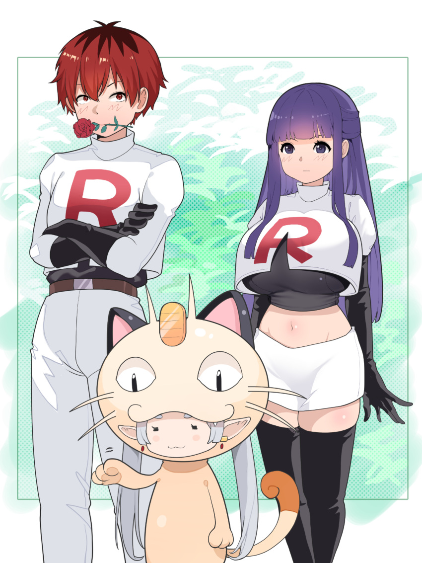 1boy 2girls alternate_costume belt black_gloves black_thighhighs breasts brown_belt closed_eyes closed_mouth costume elbow_gloves elf fern_(sousou_no_frieren) flower flower_in_mouth frieren gloves highres large_breasts long_hair meowth multiple_girls pants pointy_ears pokemon purple_eyes purple_hair red_eyes red_flower red_hair red_rose rose shirt skirt sousou_no_frieren stark_(sousou_no_frieren) sumisumii team_rocket team_rocket_uniform thighhighs white_hair white_pants white_shirt white_skirt