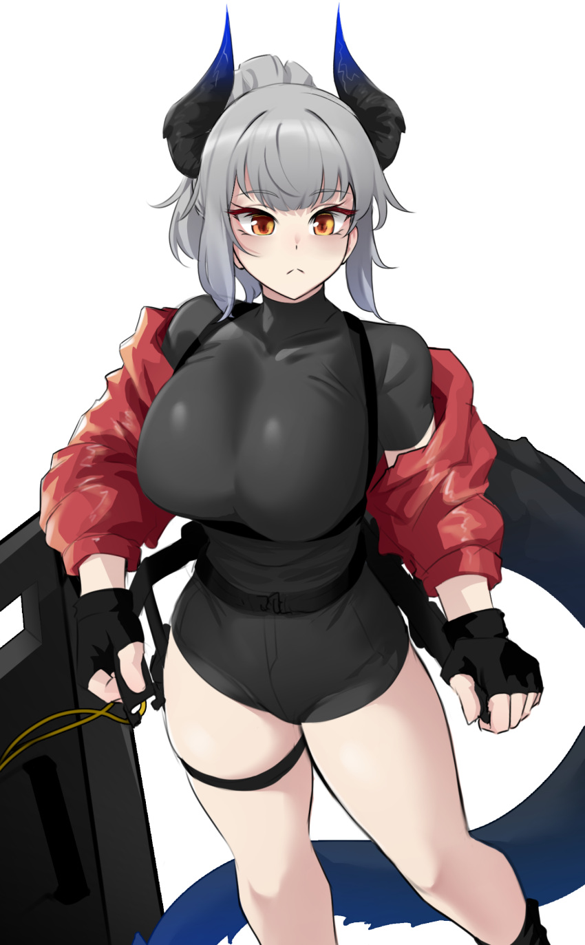 1girl :&lt; absurdres arknights black_gloves black_shirt black_shorts blush breasts dragon_girl dragon_horns dragon_tail feet_out_of_frame fingerless_gloves gloves grey_hair highres horns jacket k0ng large_breasts liskarm_(arknights) looking_at_viewer official_art ponytail red_jacket shirt short_sleeves shorts simple_background solo tail white_background yellow_eyes