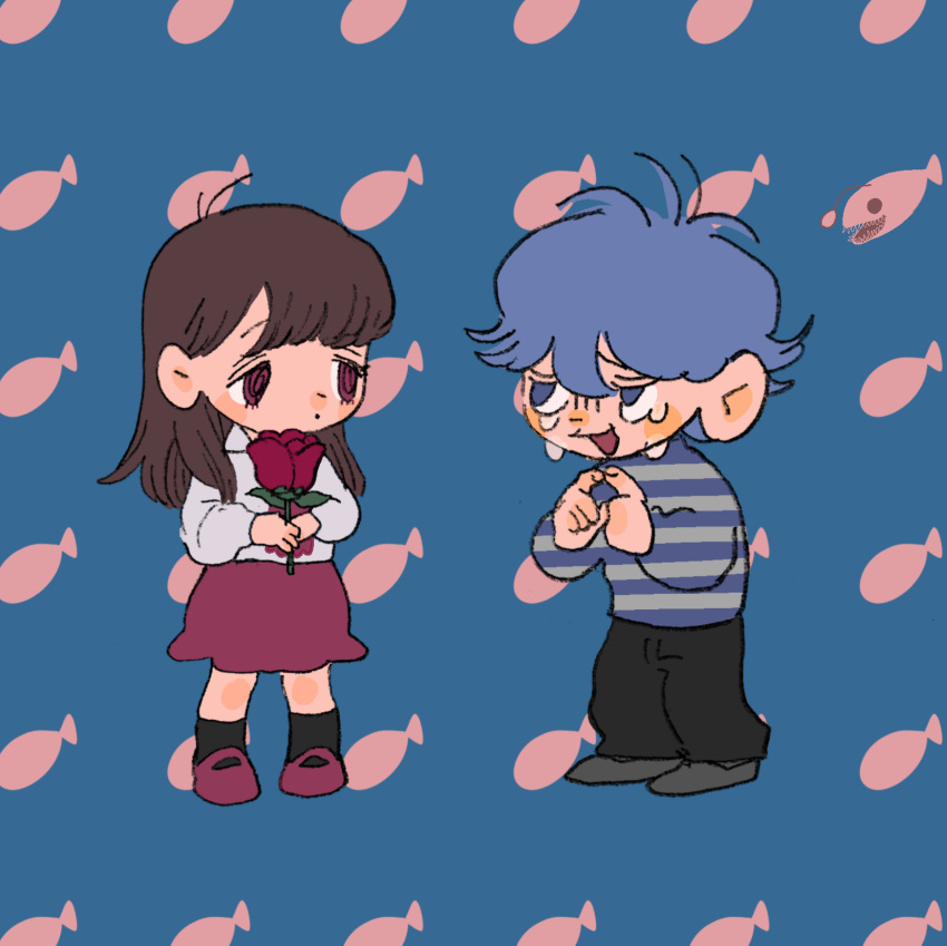 1boy 1girl anglerfish black_pants black_socks blue_background blue_eyes blue_hair brown_hair chibi commentary_request crossover crying dot_mouth eye_contact fish fish_background flower full_body gloom_(expression) highres holding holding_flower ib ib_(ib) index_fingers_together jack-o'_ran-tan long_hair long_sleeves looking_at_another mary_janes napoli_no_otokotachi odd_one_out oko_da_yo open_mouth pants red_eyes red_flower red_footwear red_rose red_skirt rose sad_smile shirt shoes skirt socks standing striped striped_sweater sweater tareme unmoving_pattern white_shirt