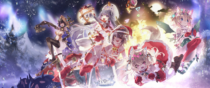 5girls :3 absurdres animal_ear_fluff animal_ears belt black_gloves black_hair black_thighhighs blonde_hair blue_eyes blue_hair boots breasts brown_belt brown_footwear candy_cane_hair_ornament christmas_tree cleavage colored_inner_hair dog_ears dog_girl dog_tail dress elbow_gloves food-themed_hair_ornament fur-trimmed_dress fur-trimmed_gloves fur-trimmed_headwear fur_trim fuwawa_abyssgard gloves hair_ornament hand_on_own_hip hat highres holoadvent hololive hololive_english koseki_bijou large_breasts leather_belt long_hair looking_at_viewer medium_hair mococo_abyssgard multicolored_hair multiple_girls nerissa_ravencroft one_eye_closed open_mouth pink_eyes pink_hair pparus purple_hair red_dress red_gloves red_headwear red_thighhighs santa_dress santa_hat shiori_novella siblings sisters small_breasts smile split-color_hair streaked_hair tail thighhighs twins virtual_youtuber white_hair
