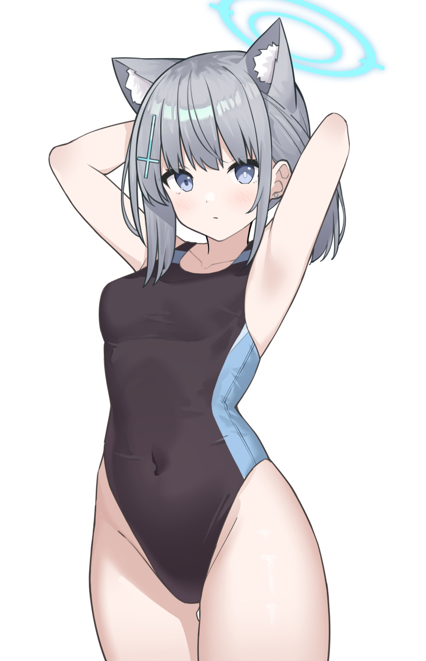 1girl absurdres animal_ear_fluff animal_ears arms_behind_head black_one-piece_swimsuit blue_archive blue_eyes breasts commentary_request competition_swimsuit covered_navel cowboy_shot cross_hair_ornament extra_ears grey_hair hair_ornament halo highres looking_at_viewer low_ponytail medium_breasts medium_hair mismatched_pupils multicolored_clothes multicolored_swimsuit nagisa_(cxcx5235) official_alternate_costume one-piece_swimsuit shiroko_(blue_archive) shiroko_(swimsuit)_(blue_archive) simple_background solo standing swimsuit white_background wolf_ears