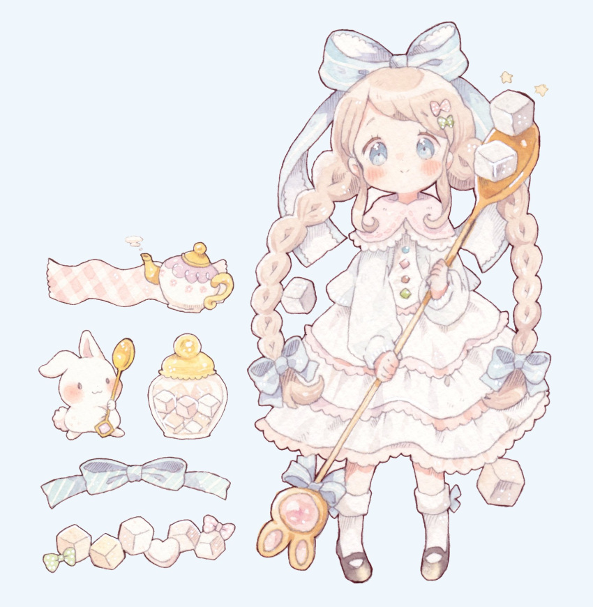 1girl ankle_socks black_footwear blonde_hair blue_background blue_bow blue_eyes blue_jacket blue_ribbon blush_stickers bow braid buttons capelet closed_mouth commentary diamond_button dress eyelashes frilled_capelet frilled_dress frills full_body green_bow hair_bow heart highres holding holding_spoon jacket jar lace_bow long_hair long_sleeves looking_at_viewer mary_janes mokarooru multicolored_buttons multiple_hair_bows open_clothes open_jacket original oversized_food oversized_object pink_bow pink_capelet polka_dot polka_dot_bow puffy_long_sleeves puffy_sleeves rabbit ribbon ribbon-trimmed_capelet ribbon_legwear shoes simple_background smile socks solo spoon star_(symbol) steam striped striped_bow sugar_cube sweater_jacket symbol-only_commentary teapot twin_braids very_long_hair white_dress white_socks