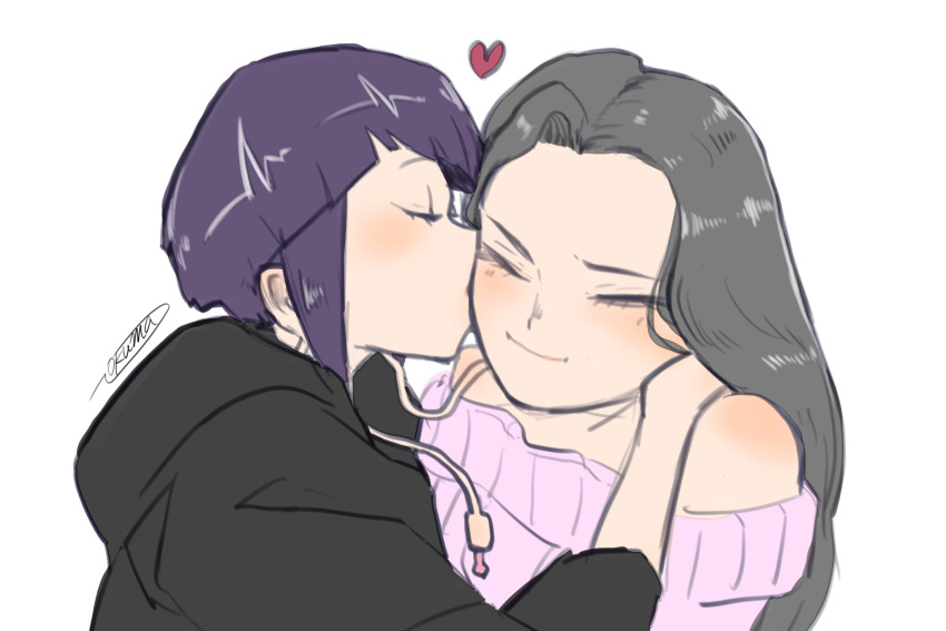 2girls artist_name bare_shoulders black_hair black_hoodie blunt_bangs blush boku_no_hero_academia closed_eyes closed_mouth hair_down hand_on_another's_cheek hand_on_another's_face heart highres hood hoodie jirou_kyouka kiss kissing_cheek long_hair multiple_girls nkmnhr pink_sweater purple_hair short_hair sweater white_background yaoyorozu_momo yuri