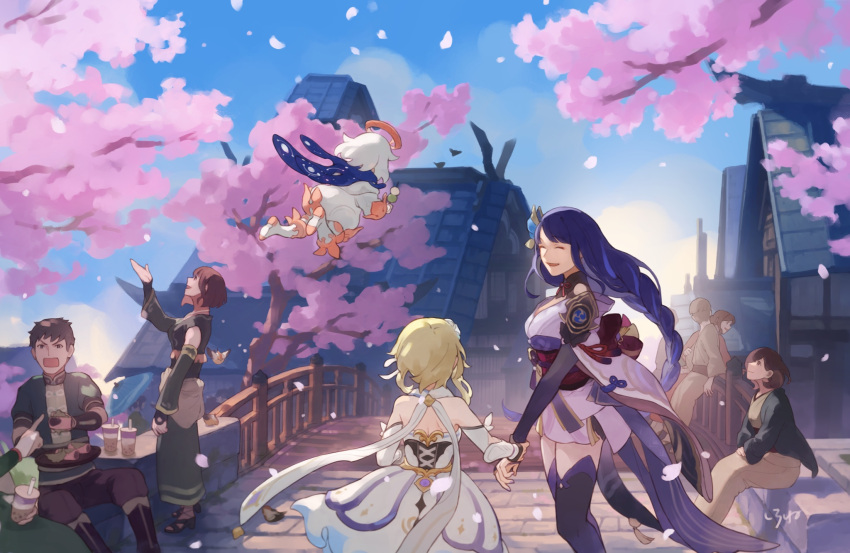 back blonde_hair blue_sky blunt_bangs braid cherry_blossoms couple falling_petals flying genshin_impact hair_ornament highres holding_another's_wrist instntmssl japanese_clothes long_hair looking_ahead lumine_(genshin_impact) multiple_boys multiple_girls open_mouth outdoors paimon_(genshin_impact) petals purple_hair raiden_shogun short_hair single_braid sky white_hair yuri