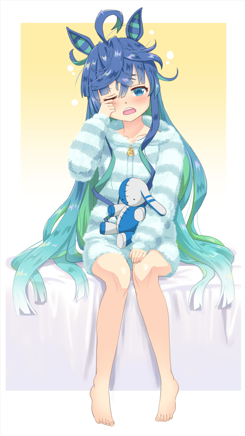 1girl @_@ ahoge alternate_hairstyle animal_ears aqua_hair aqua_pajamas barefoot blue_eyes blue_hair blush border collarbone commentary_request crossed_bangs feet full_body gradient_background gradient_hair hand_on_own_face hand_up haniwa_(leaf_garden) highres hood hooded_pajamas horse_ears horse_girl long_hair long_sleeves looking_at_viewer messy_hair multicolored_hair one_eye_closed open_mouth outside_border pajamas raised_eyebrows rubbing_eyes sharp_teeth sidelocks sitting sleepwear sleepy solo straight-on striped striped_pajamas stuffed_animal stuffed_rabbit stuffed_toy teeth toenails toes twin_turbo_(umamusume) two-tone_hair umamusume upper_teeth_only white_border yellow_background zipper_pull_tab