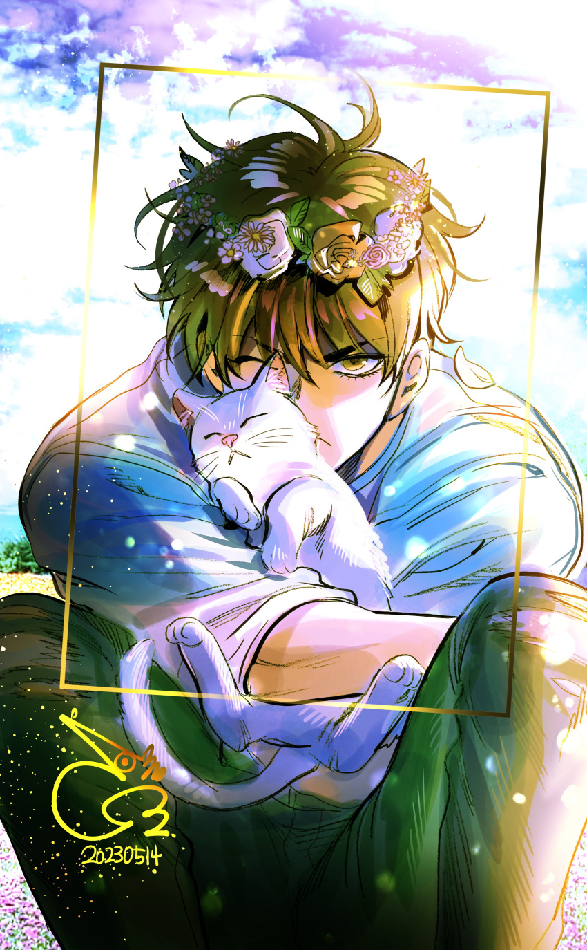 1boy absurdres animal animal_on_face bae_(baebae) black_eyes black_hair blue_sky cat day feet_out_of_frame gold_border green_pants head_wreath highres holding holding_animal holding_cat looking_at_viewer male_focus one_eye_closed outdoors pants rukawa_kaede shirt short_hair sky slam_dunk_(series) solo squatting white_cat white_shirt