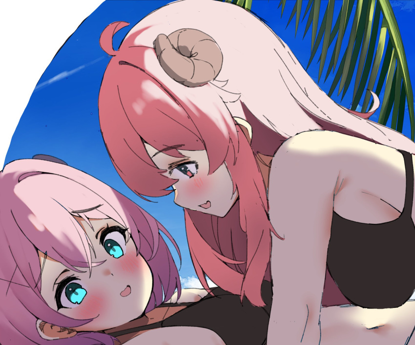 2girls ahoge aqua_eyes assertive_female bikini black_bikini blue_background blush breasts chiyoda_momo close-up commentary crossed_bangs curled_horns day demon_girl demon_horns double-parted_bangs embarrassed fang from_side girl_on_top hair_between_eyes hair_ornament highres horns large_breasts long_hair looking_at_another looking_to_the_side lying machikado_mazoku medium_breasts medium_hair multiple_girls nokia_hiyou on_back open_mouth outdoors palm_leaf pink_hair profile red_eyes red_hair sidelocks simple_background sketch skin_fang smile swimsuit symbol-only_commentary x_hair_ornament yoshida_yuuko_(machikado_mazoku) yuri