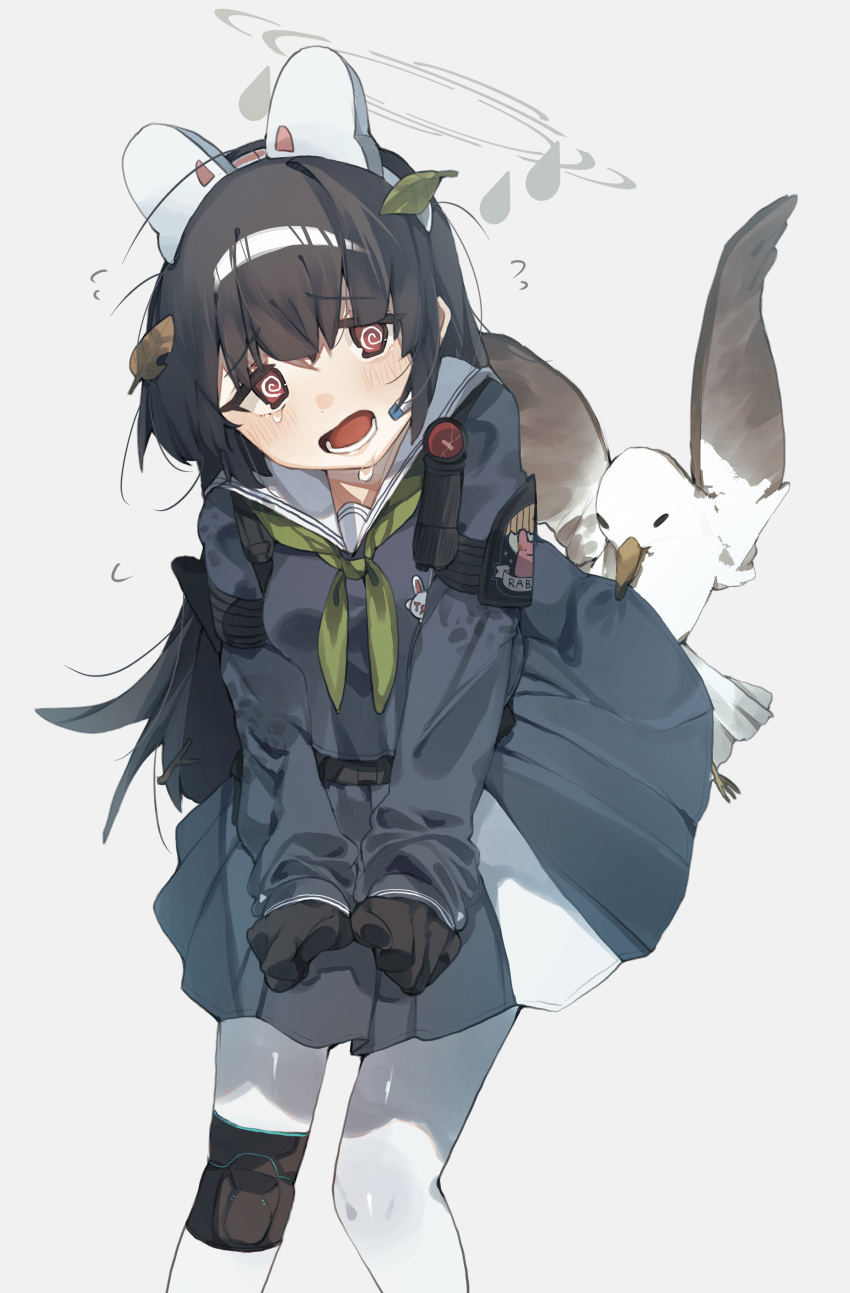 1girl @_@ absurdres animal animal_ears bird black_hair blue_archive blue_serafuku blush fake_animal_ears gominami green_neckerchief highres long_hair long_sleeves looking_at_viewer miyu_(blue_archive) neckerchief open_mouth rabbit_ears red_eyes sailor_collar school_uniform serafuku simple_background solo white_background white_sailor_collar