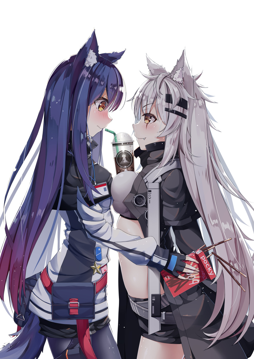 2girls absurdres aiee animal_ear_fluff animal_ears arknights asymmetrical_docking belt black_jacket black_shorts blush breast_press breasts bubble_tea bubble_tea_challenge capelet fang fingerless_gloves food gloves hair_ornament hairclip highres jacket lappland_(arknights) large_breasts long_hair long_sleeves medium_breasts midriff multiple_girls name_tag open_clothes open_jacket pocky scar scar_across_eye scar_on_face short_shorts shorts simple_background star_(symbol) strapless tail texas_(arknights) tube_top white_background wolf_ears wolf_girl wolf_tail