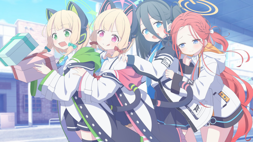 4girls absurdly_long_hair absurdres animal_ear_headphones animal_ears aris_(blue_archive) black_hair black_skirt blonde_hair blue_archive blue_eyes blue_halo blue_necktie blush bow box cat_tail closed_mouth collared_shirt fake_animal_ears game_development_department_(blue_archive) gift gift_box green_bow green_eyes green_halo hair_bow halo headphones highres holding holding_gift jacket long_hair midori_(blue_archive) momoi_(blue_archive) multiple_girls necktie one_side_up open_mouth pink_halo pleated_skirt purple_eyes red_bow red_eyes red_hair seek_arrow shirt short_hair siblings sisters skirt smile tail twins two-sided_fabric two-sided_jacket very_long_hair white_jacket white_shirt yellow_halo yuzu_(blue_archive)