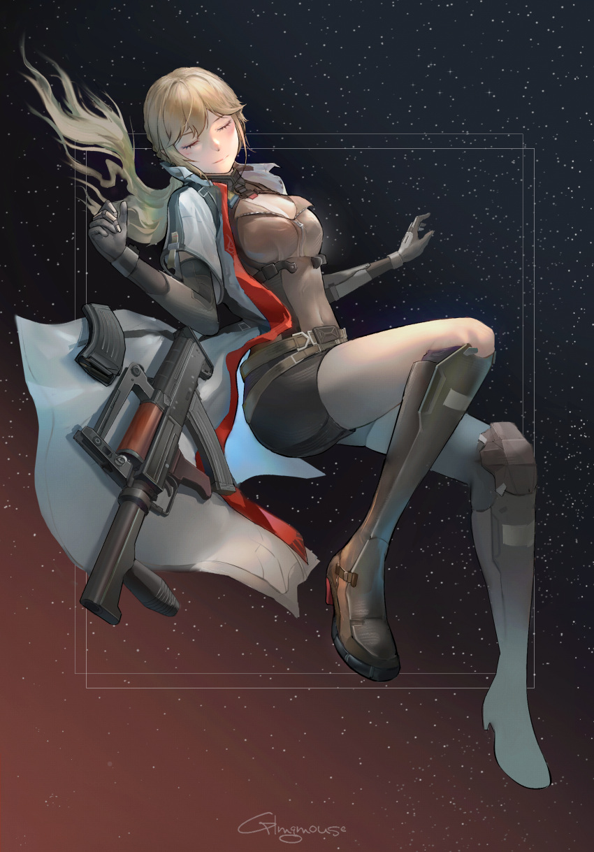 1girl absurdres arms_up artist_name assault_rifle belt black_gloves black_shorts blonde_hair blush boots breasts brown_footwear brown_shirt bullpup cloak closed_eyes closed_mouth commentary elbow_gloves full_body gblamgo girls'_frontline girls'_frontline_2:_exilium gloves gun highres knee_pads lips long_hair magazine_(weapon) medium_breasts ots-14_(girls'_frontline) ots-14_groza rifle shirt shorts simple_background solo starry_background thighs weapon white_cloak