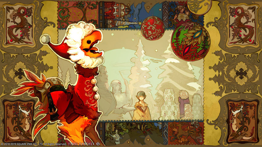 1girl 2boys animal artist_request card child chocobo christmas christmas_ornaments clothed_animal elezen elf final_fantasy final_fantasy_xiv hat highres multiple_boys official_art open_mouth playing_card pointy_ears saddle santa_hat scarf snowman