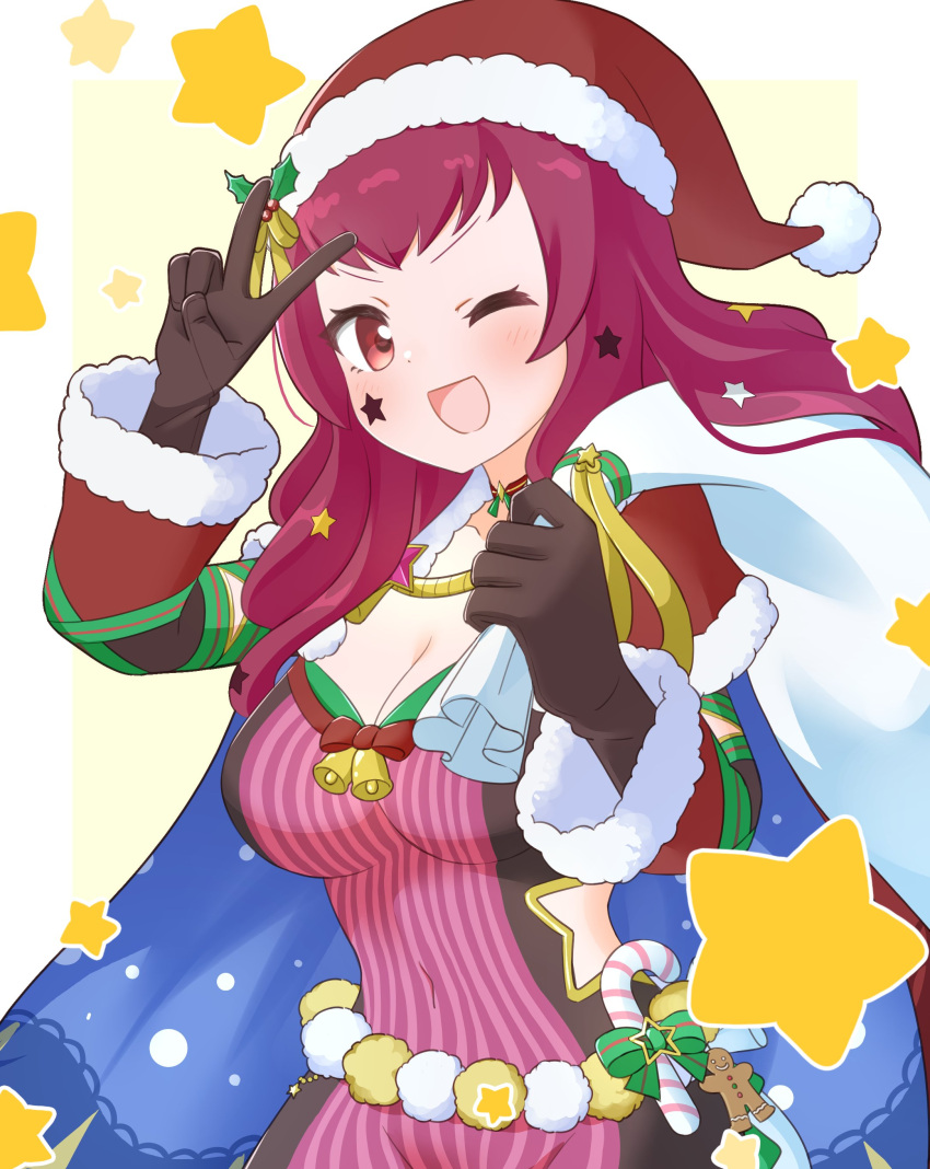 1girl absurdres blue_cape bodysuit breasts cape christmas facial_mark fire_emblem fire_emblem_engage fire_emblem_heroes hair_ornament hat highres holding holding_sack holly holly_hair_ornament ikonaska large_breasts multicolored_cape multicolored_clothes official_alternate_costume red_bodysuit red_cape sack santa_hat star_(symbol) star_facial_mark star_hair_ornament star_print two-tone_cape v yunaka_(fire_emblem) yunaka_(fire_emblem)_(spirited_envoy)