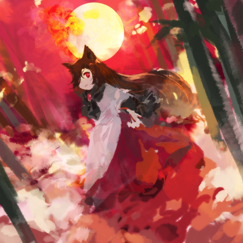 1girl animal_ears bamboo bamboo_forest brooch brown_hair commentary_request dress fingernails forest full_body hair_over_one_eye highres imaizumi_kagerou jewelry kaigen_1025 long_dress long_hair long_sleeves nature open_mouth red_brooch red_eyes red_nails red_sky sharp_fingernails sky smile solo touhou white_dress wolf_ears wolf_girl