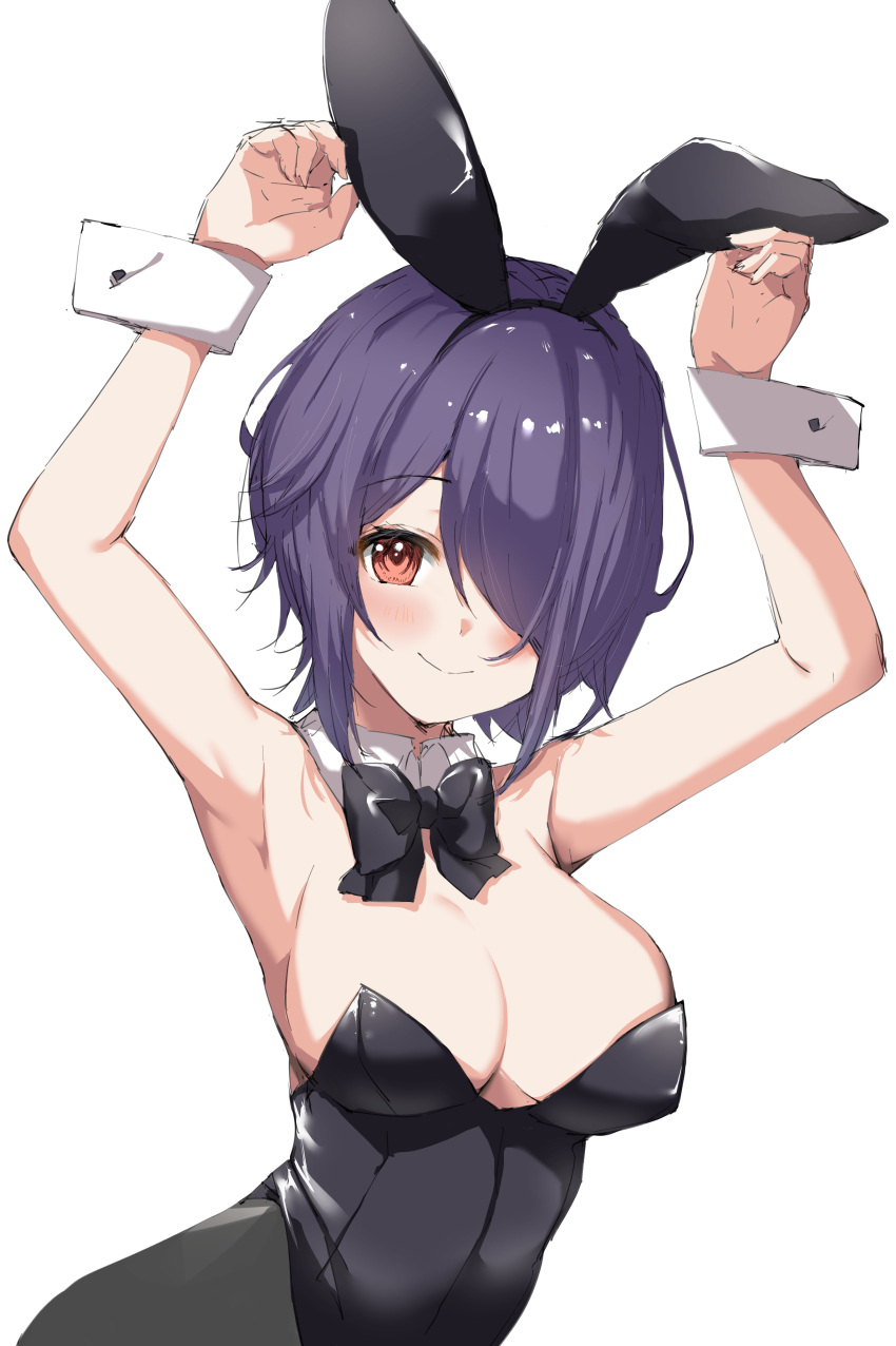 1girl absurdres animal_ears aogiri_koukou armpits arms_up black_bow black_bowtie black_leotard black_pantyhose blush bow bowtie breasts collar detached_collar fake_animal_ears hair_over_one_eye highres keizijou_mochi large_breasts leotard otodama_tamako pantyhose playboy_bunny purple_hair rabbit_ears red_eyes smile solo strapless strapless_leotard white_collar white_wrist_cuffs