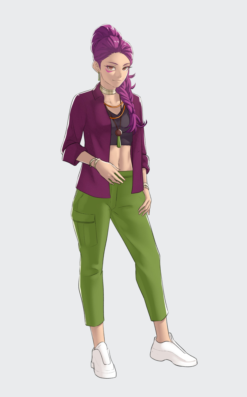 1girl absurdres alternate_costume black_shirt brown_eyes commentary contemporary crop_top facial_mark fire_emblem fire_emblem:_three_houses full_body green_pants highres jewelry looking_at_viewer midriff navel neck_ring open_clothes open_shirt pants petra_macneary pomelomelon ponytail purple_hair purple_shirt shirt shoes smile solo standing stomach white_footwear