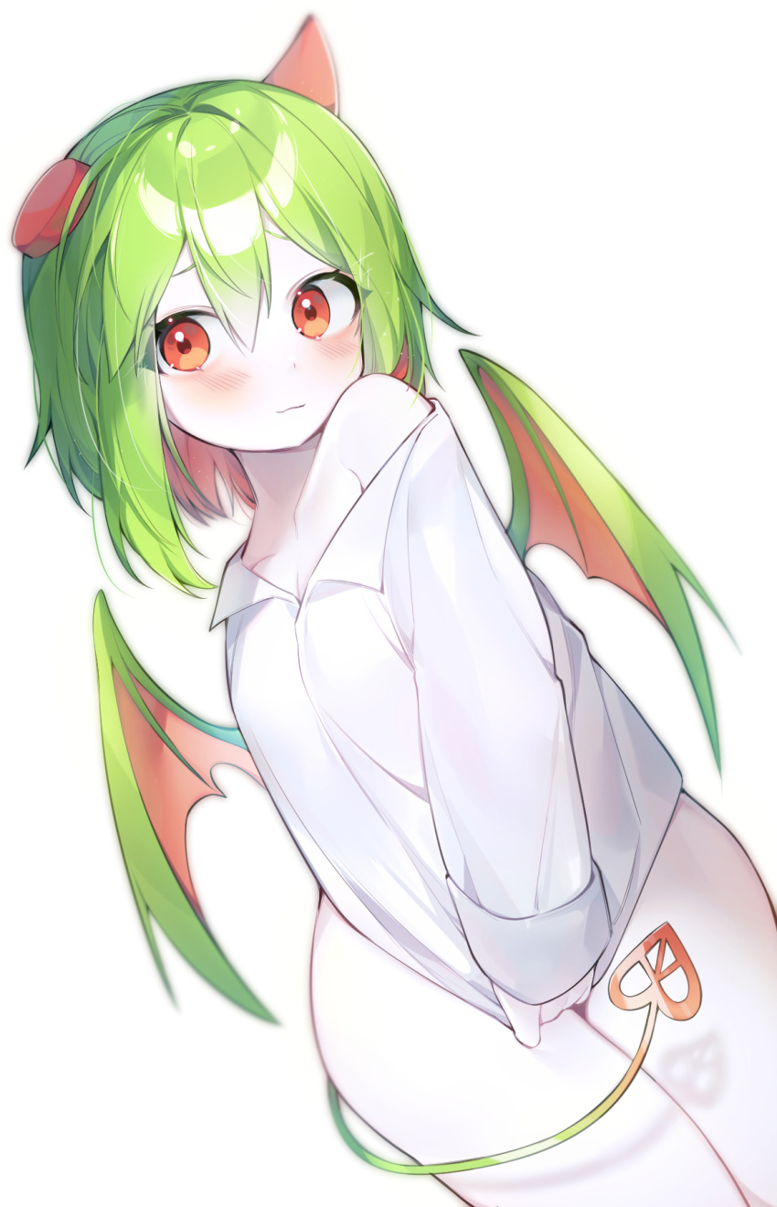 1girl blush bottomless colored_skin commission demon_horns demon_tail demon_wings funamusea green_hair haiiro_teien highres horns naked_shirt no_eyewear red_eyes sen_light shiny_eyes shirt short_hair simple_background solo tail thighs white_background white_shirt white_skin wings yosafire_(haiiro_teien)