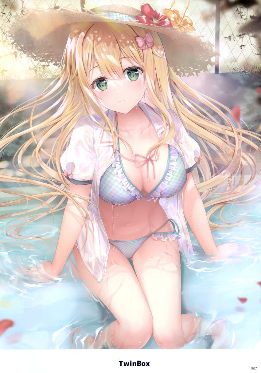 1girl absurdres artist_name bikini blonde_hair breasts closed_mouth collarbone day flower frilled_bikini frills green_eyes hair_ornament hat hibiscus highres inagaki_minami jacket long_hair looking_at_viewer medium_breasts melonbooks navel open_clothes open_jacket outdoors page_number partially_submerged petals ribbon scan short_sleeves simple_background sitting smile solo sousouman stomach straw_hat swimsuit thighs twinbox_school water water_drop wet wet_clothes