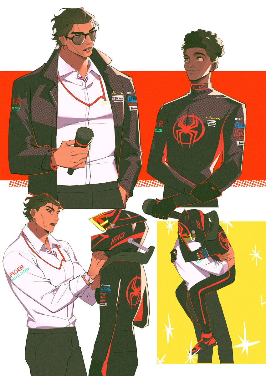 2boys afro black_pants black_skin brown_eyes brown_hair car colored_skin dark-skinned_male dark_skin helmet highres hug male_focus marvel mature_male microphone miguel_o'hara miles_morales motor_vehicle multiple_boys oz_174 pants race_vehicle racecar shirt short_hair smile spider-man:_across_the_spider-verse spider-man:_into_the_spider-verse spider-man_(series) spider-verse sunglasses teeth watch white_shirt wristwatch