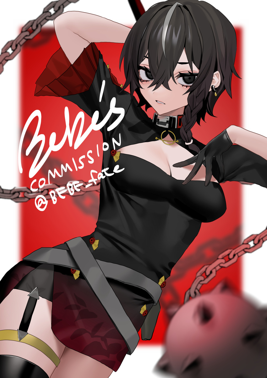 1girl absurdres arm_behind_head ball_and_chain_(weapon) bebe_(bebe_pp) black_dress black_eyes black_gloves black_hair blurry blurry_foreground braid breasts chain cleavage cleavage_cutout clothing_cutout commission dress earrings gloves grey_hair hair_between_eyes hand_on_own_chest highres jewelry multicolored_hair original short_dress short_hair short_sleeves signature single_braid skeb_commission solo streaked_hair thigh_strap twitter_username weapon