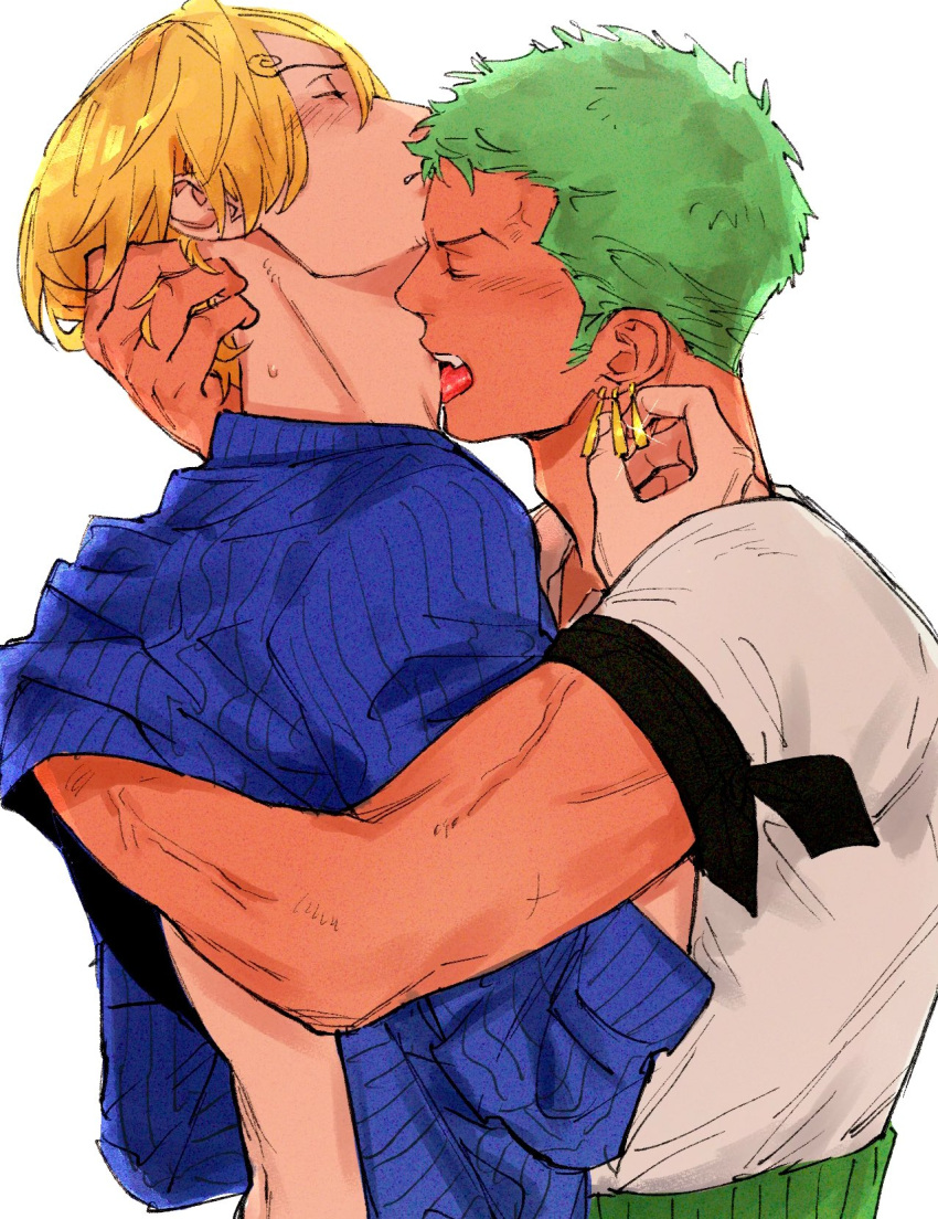 2boys biting blonde_hair blue_shirt clenched_teeth closed_eyes clothes_lift earrings flustered grabbing_another's_hair green_hair haramaki highres jewelry kzwtr8 male_focus mature_male multiple_boys neck_biting one_piece roronoa_zoro sanji_(one_piece) shirt shirt_lift simple_background tan teeth thick_arms white_background white_shirt yaoi
