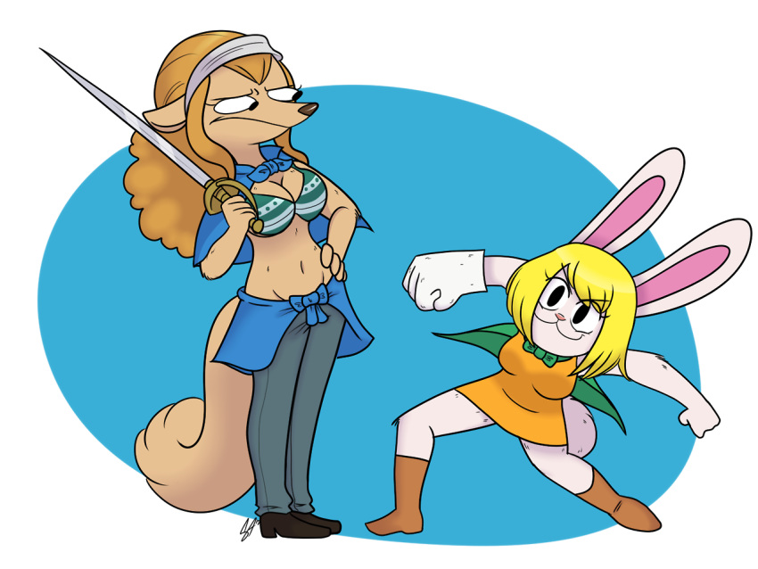 2017 4_fingers anthro big_breasts biped blonde_hair boots bottomwear breasts canid canine canis capelet carrot_(one_piece) cleavage clothed clothed_anthro clothed_female clothing colored cotton_tail cutlass dancing digital_drawing_(artwork) digital_media_(artwork) domestic_dog dress duo eyebrow_through_hair eyebrows female female_anthro fingers fluffy fluffy_tail footwear front_view fur fur_tuft glistening glistening_hair green_capelet hair holding_object holding_sword holding_weapon humor kabula_(artist) lagomorph leporid looking_at_another male mammal marge_krumping melee_weapon midriff minkmen_(one_piece) one_piece open_clothing orange_hair pants rabbit shoes standing sword sword_over_shoulder tail tan_body tan_fur tan_tail topwear translucent translucent_hair tuft wanda_(one_piece) weapon white_body white_fur