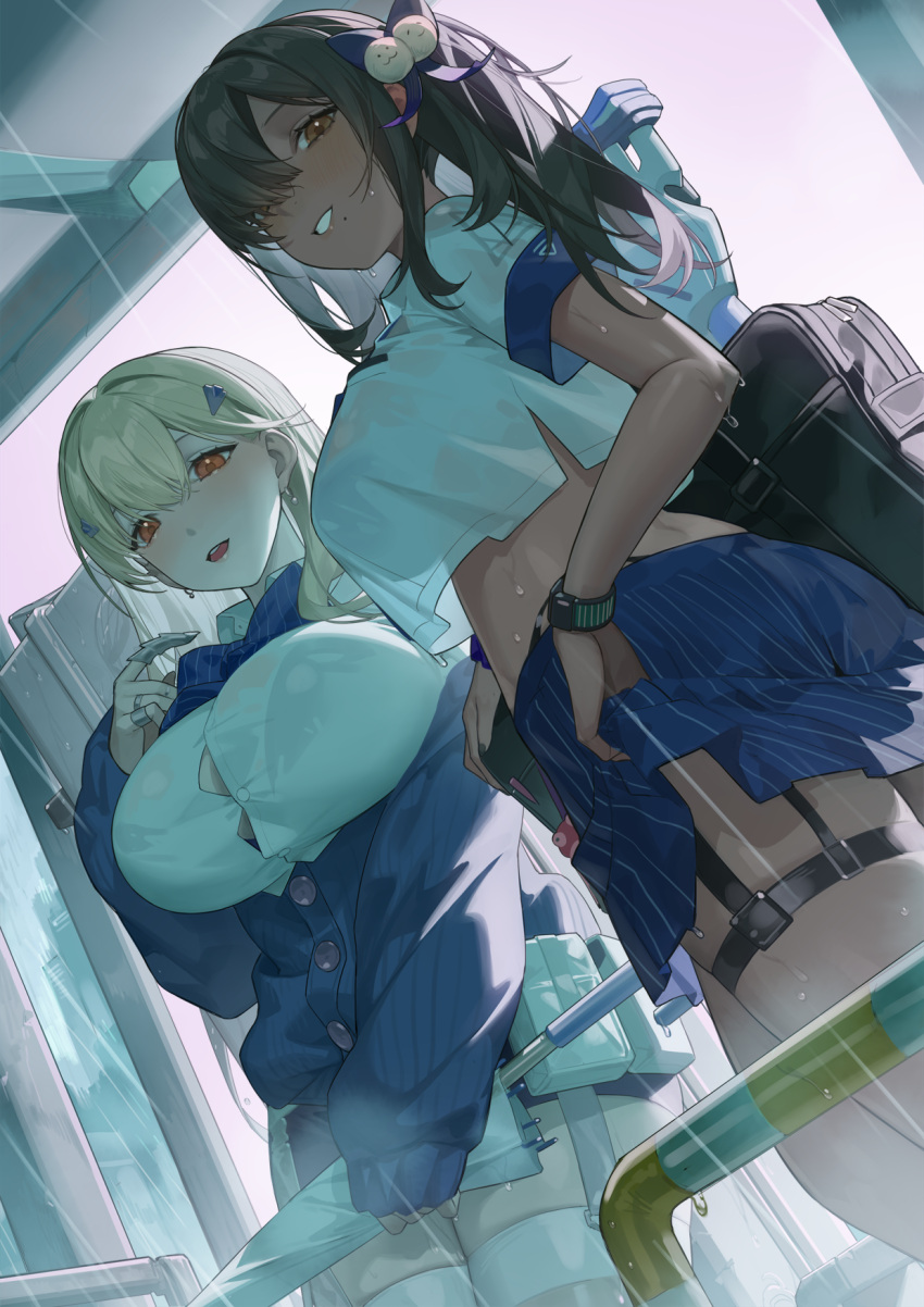 2girls backlighting bead_bracelet beads blonde_hair blue_jacket blue_skirt bracelet breasts brown_hair crop_top crop_top_overhang dark-skinned_female dark_skin goddess_of_victory:_nikke grin hair_over_one_eye highres jacket jewelry large_breasts long_hair long_sleeves looking_at_viewer midriff multiple_girls naga_(nikke) necktie orange_eyes red_cucumber shirt short_sleeves side_ponytail skirt smile tia_(nikke) white_shirt yellow_eyes