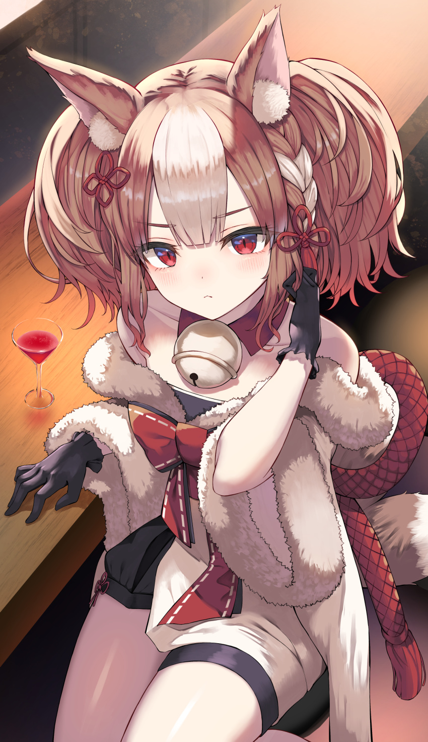 1girl absurdres animal_ear_fluff animal_ears bell black_dress black_gloves blush braid brown_hair commission cowboy_shot dress fox_ears fox_girl frown gloves hair_ribbon hand_up highres indoors looking_at_viewer multicolored_hair neck_bell red_eyes ribbon sekka_(shadowverse) shadowverse sitting skeb_commission solo stool streaked_hair thighs white_hair yamato_(muchuu_paradigm)