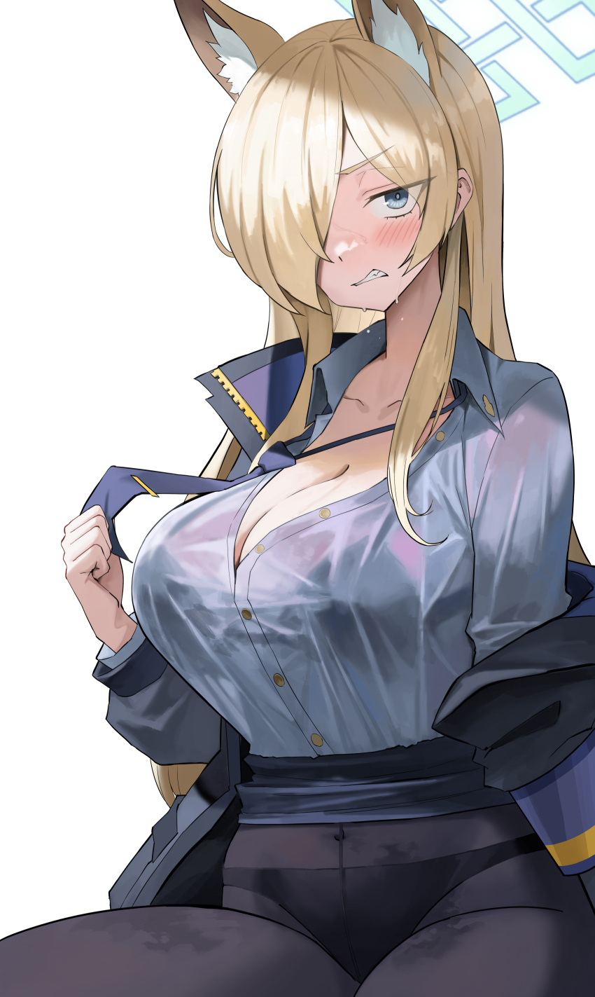 1-5iro 1girl absurdres animal_ear_fluff animal_ears black_jacket black_pantyhose blonde_hair blue_archive blue_eyes blue_halo blue_shirt blush breasts buttons cleavage clenched_teeth collarbone collared_shirt hair_over_one_eye halo highres jacket kanna_(blue_archive) large_breasts long_hair long_sleeves looking_at_viewer open_clothes open_jacket panties panties_under_pantyhose pantyhose shirt simple_background solo teeth underwear wet wet_clothes wet_shirt white_background