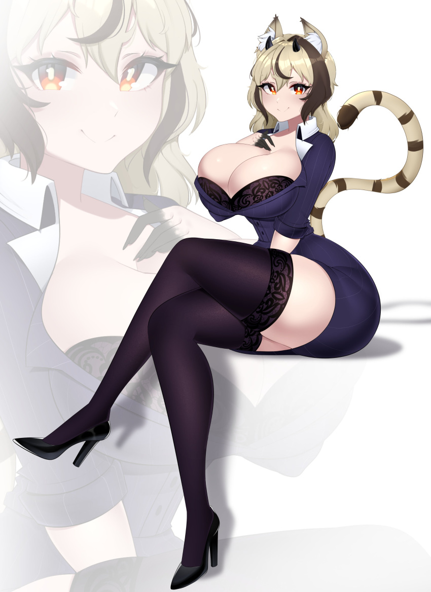 absurd_res animal_humanoid bra breasts cat_humanoid cleavage clothed clothing crossed_legs felid felid_humanoid feline feline_humanoid female footwear hi_res high_heels humanoid legwear looking_at_viewer mammal mammal_humanoid mishythesheep pupils smile solo thick_thighs thigh_highs underwear
