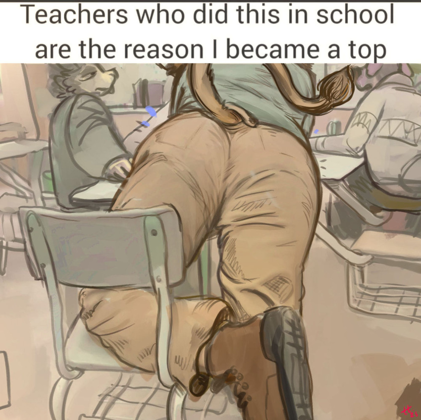 ambiguous_species anthro bent_over boots butt butt_focus chair classroom clothed clothing felid footwear furgonomic_bottomwear furgonomics furniture group hi_res khaki_pants leaning leaning_on_table lion male mammal meme pantherine school solo_focus tail tail_tuft teacher tight_clothing trashtail tuft underwear_outline