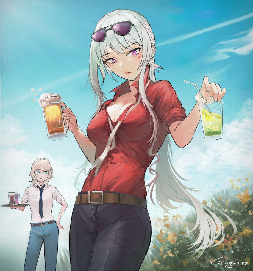 2girls ak-12_(girls'_frontline) ak-12_(lucia)_(girls'_frontline) alcohol an-94_(antje)_(girls'_frontline) an-94_(girls'_frontline) aqua_eyes aqua_pants artificial_eyes artist_name beer belt black_pants blonde_hair blue_necktie blush breasts brown_belt chinese_commentary cleavage closed_mouth cup eyewear_on_head feet_out_of_frame field flower flower_field gblamgo girls'_frontline glowing glowing_eyes hand_on_own_hip highres holding holding_cup holding_tray lips long_hair looking_at_another looking_at_viewer medium_breasts multiple_girls necktie official_alternate_costume pants purple_eyes red_shirt shirt simple_background sleeves_rolled_up standing sunglasses tray white_hair white_necktie white_shirt